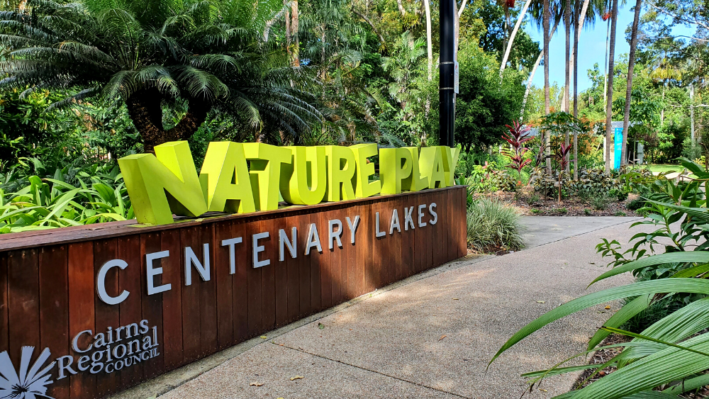 Entrance sign for the Nature Play Centenary Lakes in Cairns